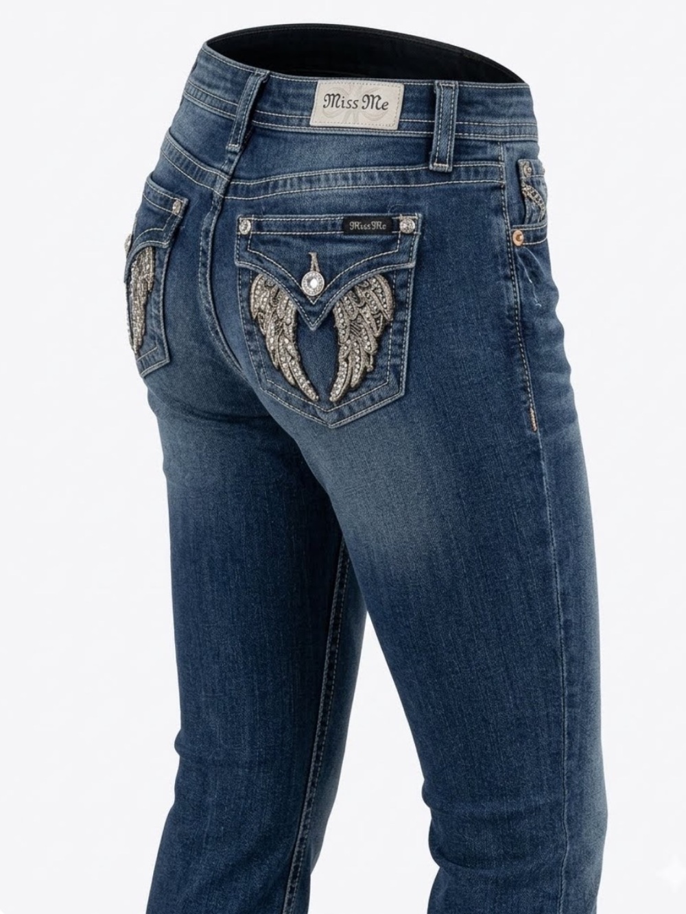 Miss Me Hailey Skinny Jeans sz 33 (34x29.5) Blue Wing Bling Stud Pocket Ankle